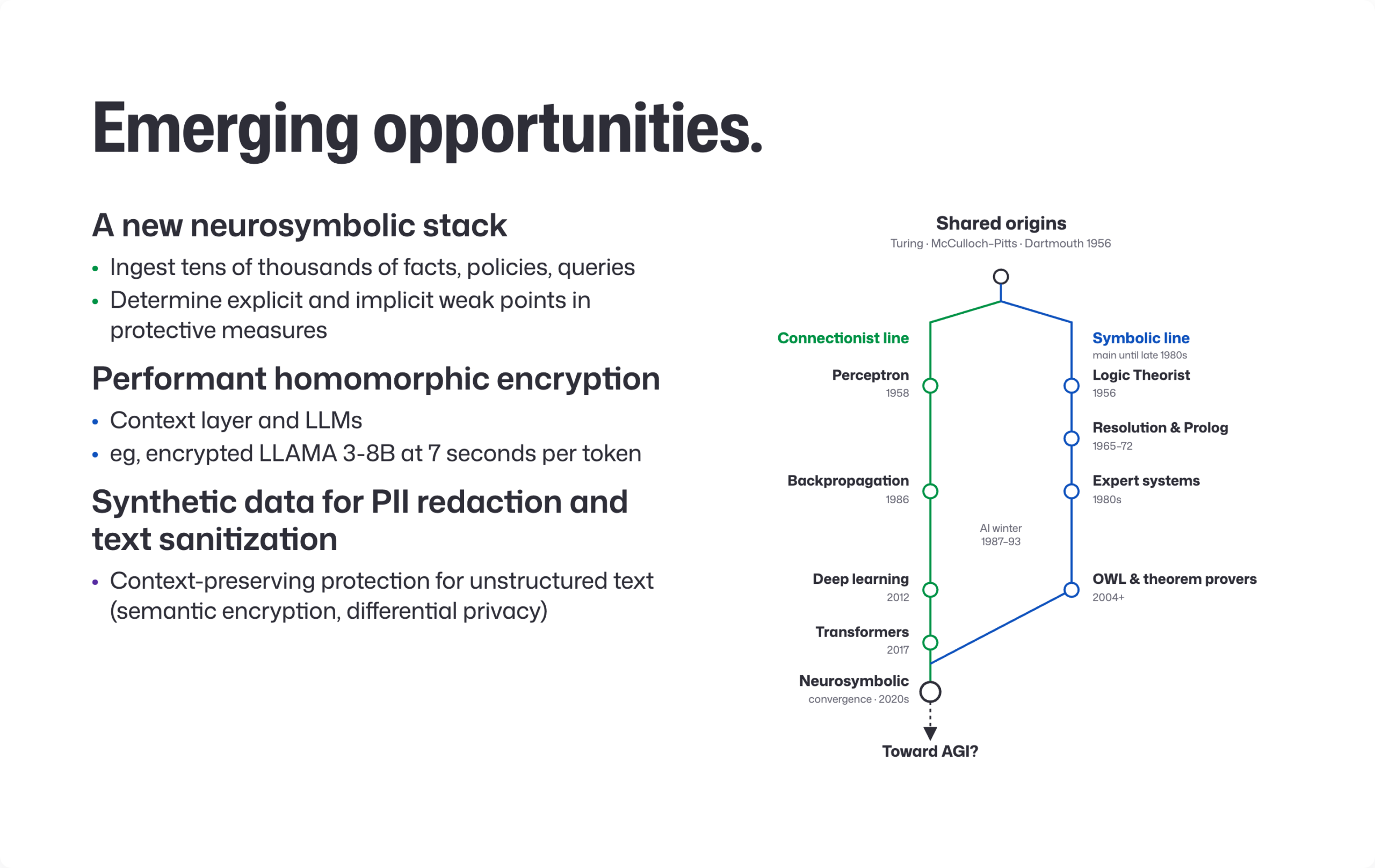 Emerging AI security opportunities including neurosymbolic systems, homomorphic encryption, and synthetic data