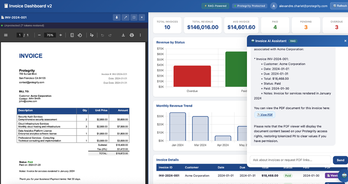 Conversational AI assistant demonstrating governed unprotection of structured and unstructured invoice data