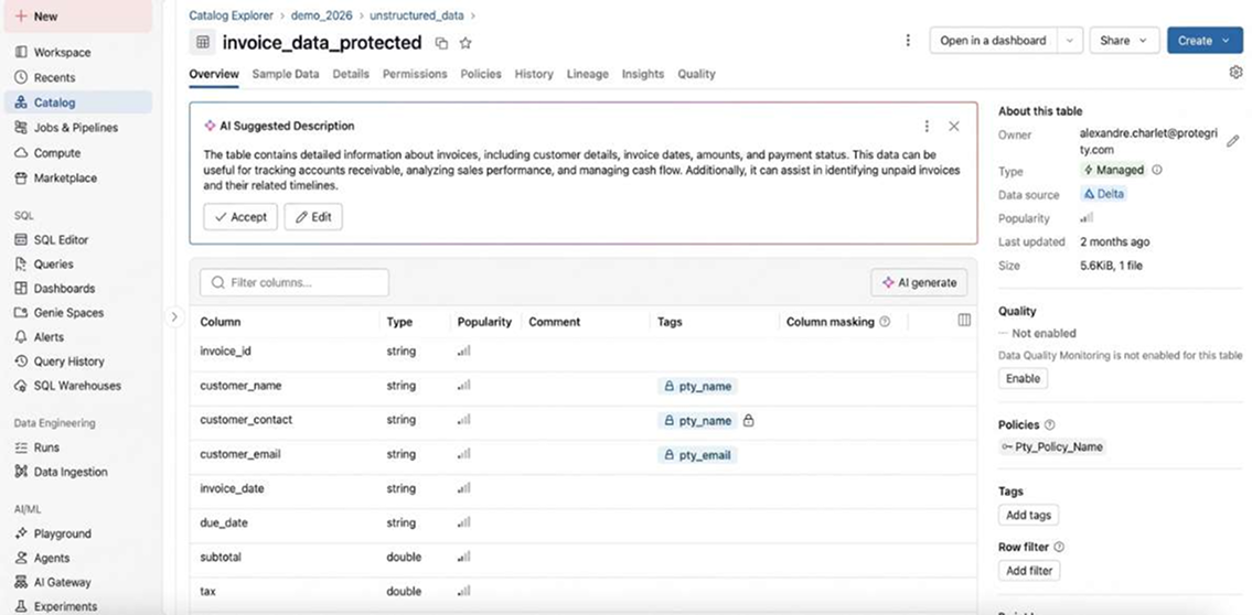 Databricks Unity Catalog showing protected invoice data with governance tags and policy controls