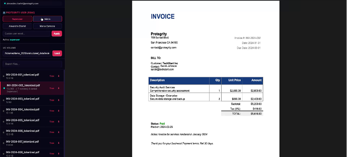 Invoice PDF viewer demonstrating authorized unprotection of sensitive customer information