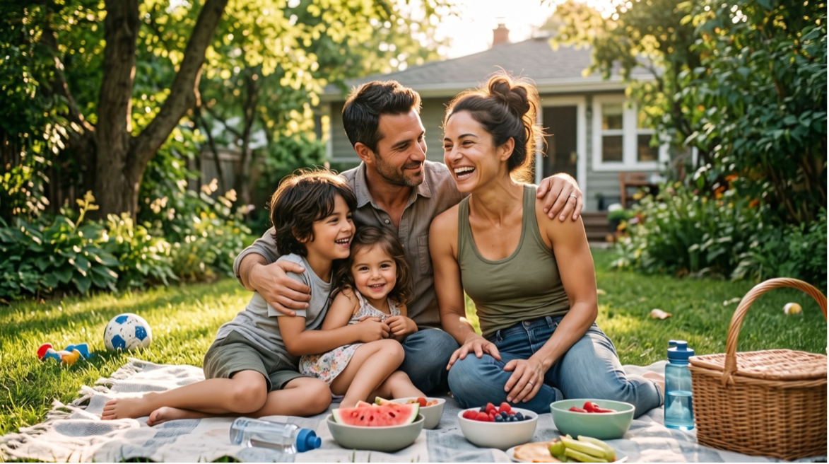 Google Flow-generated illustration depicting the yoga character enjoying family life