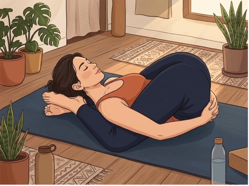 Gemini-generated illustration of Yoganidrasana in a decorated yoga studio