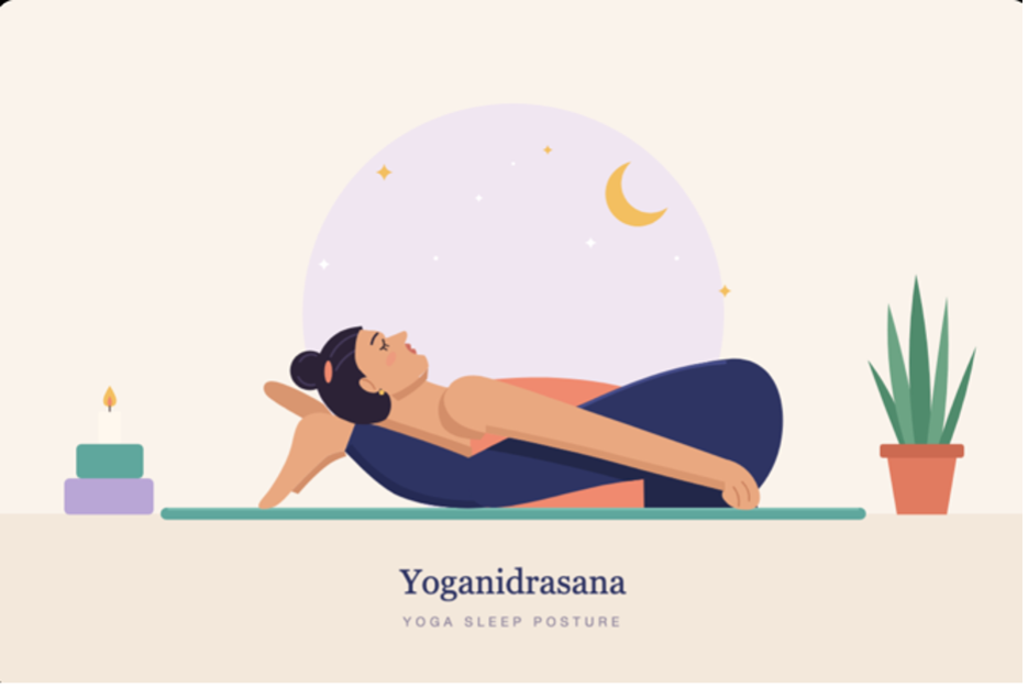 Claude-generated two-dimensional illustration attempting the Yoganidrasana pose